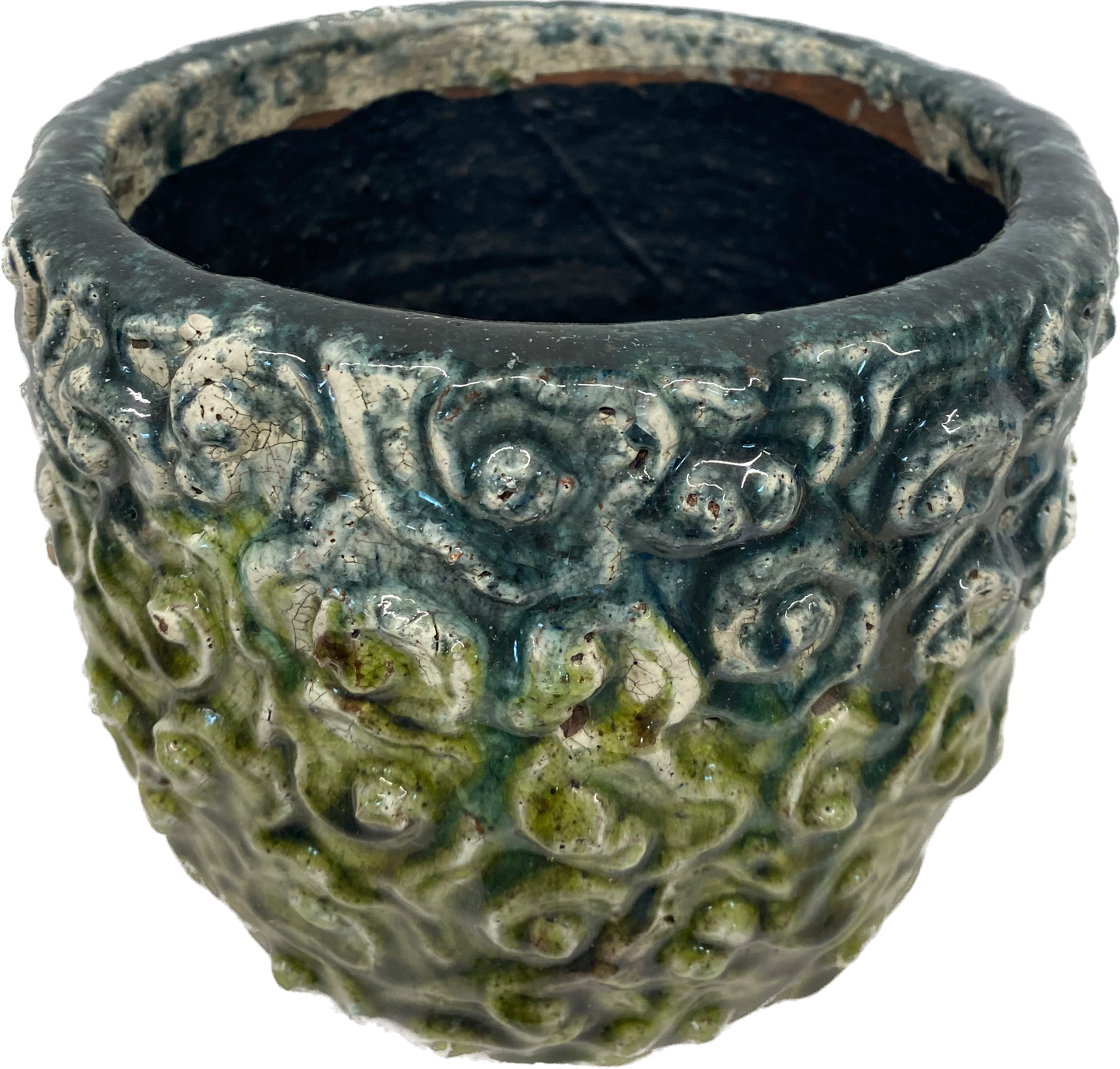 LEGONA FLORAL GLAZED POT, LARGE - EARTH GREEN