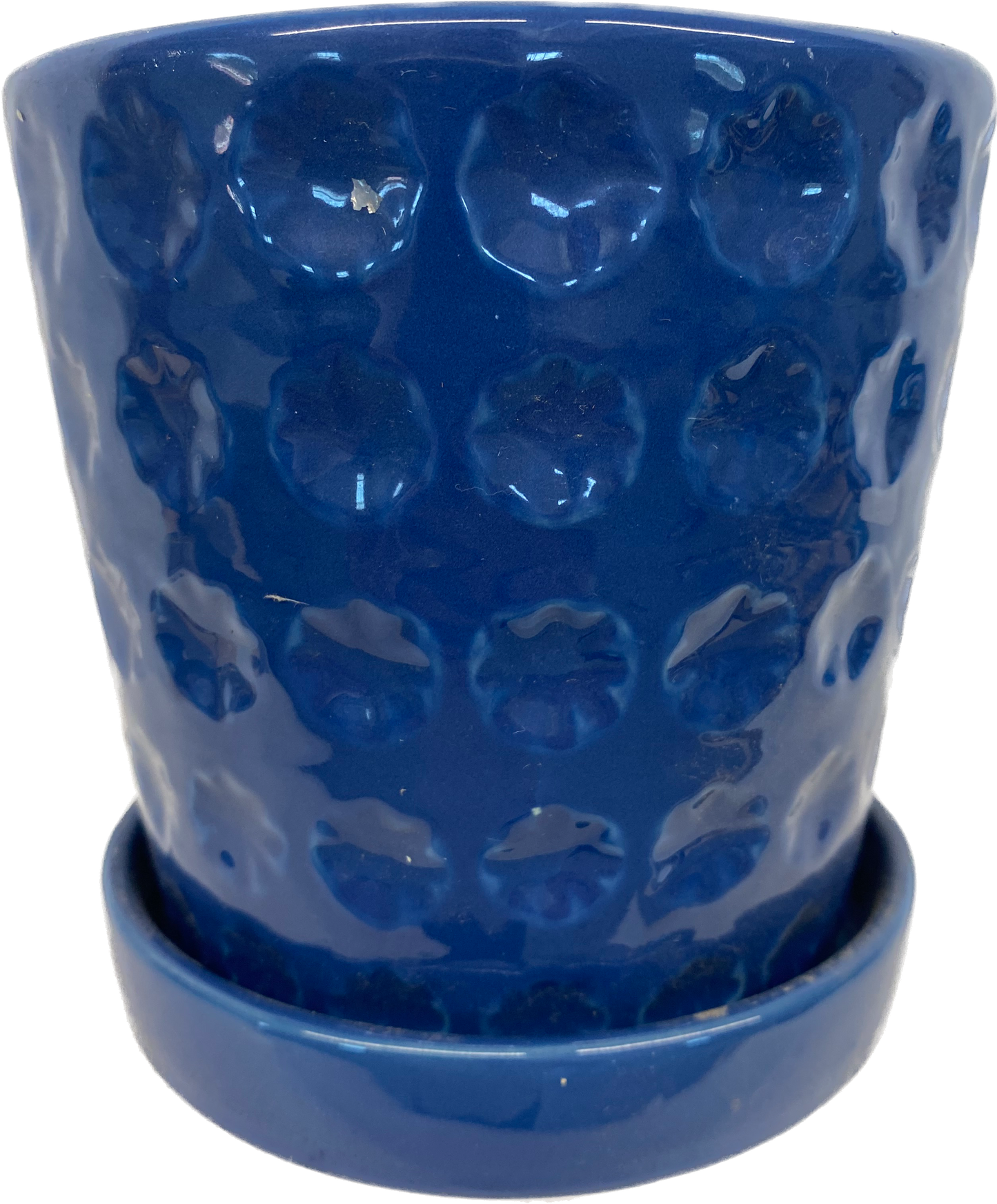 PRINTING FLORAL GLAZED POT WITH SAUCER, SMALL - BLUE