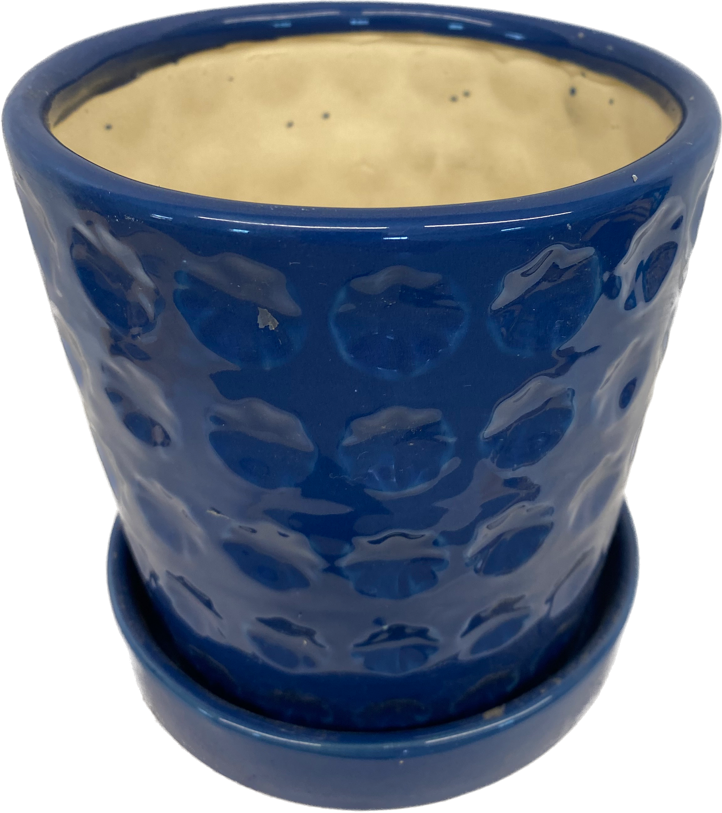 PRINTING FLORAL GLAZED POT WITH SAUCER, SMALL - BLUE