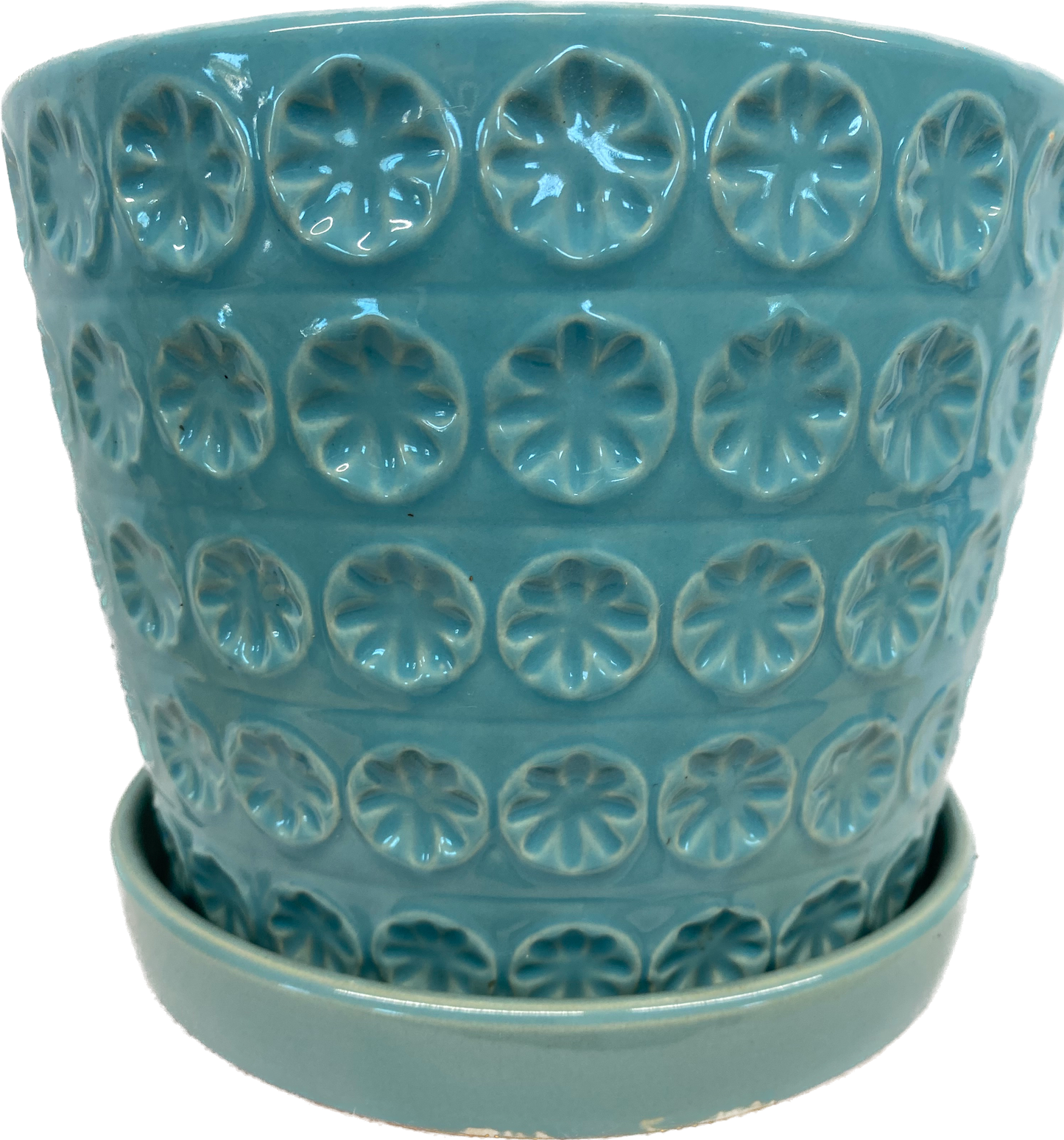 PRINTING FLORAL GLAZED POT WITH SAUCER - TURQUOISE