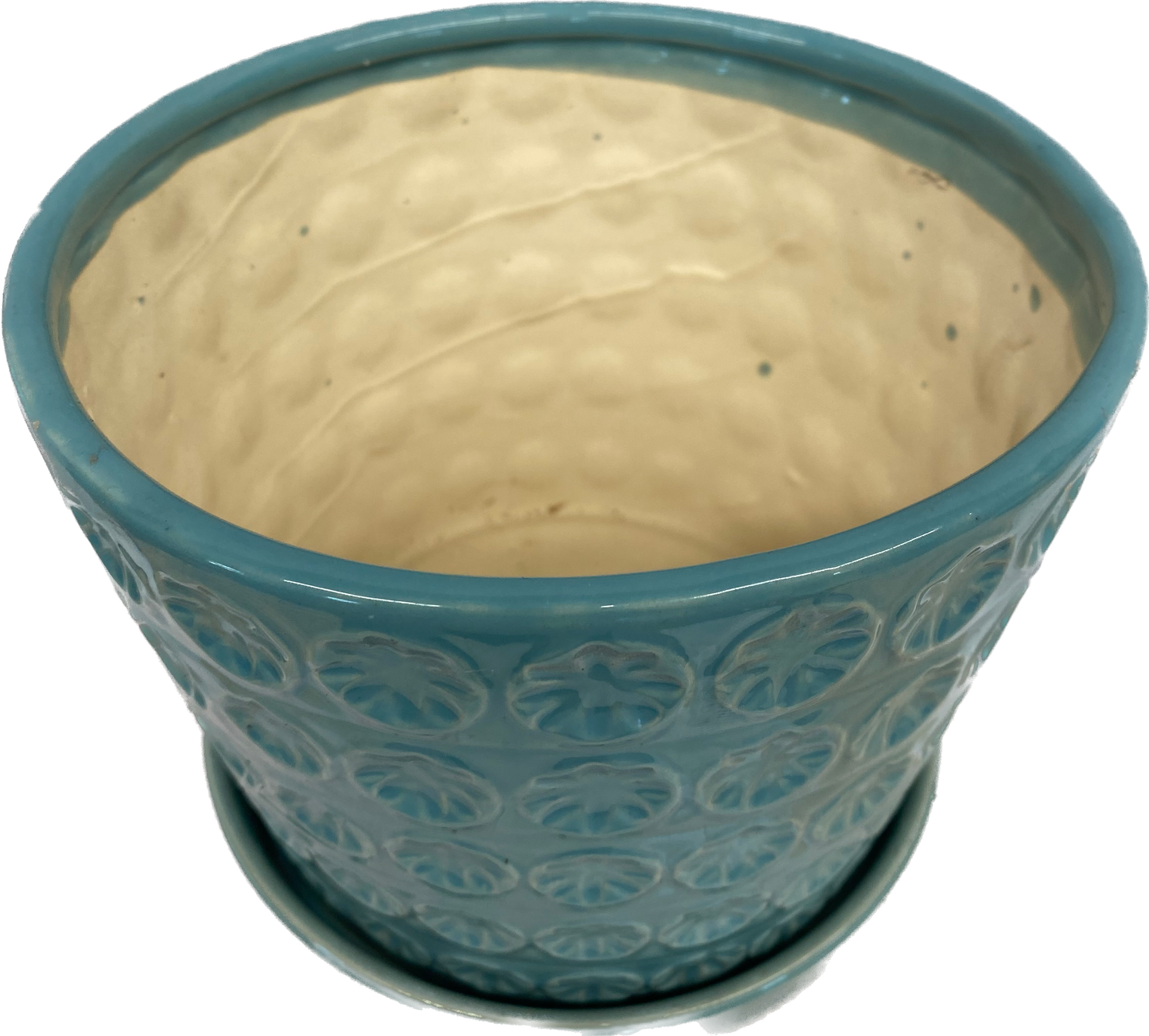PRINTING FLORAL GLAZED POT WITH SAUCER - TURQUOISE