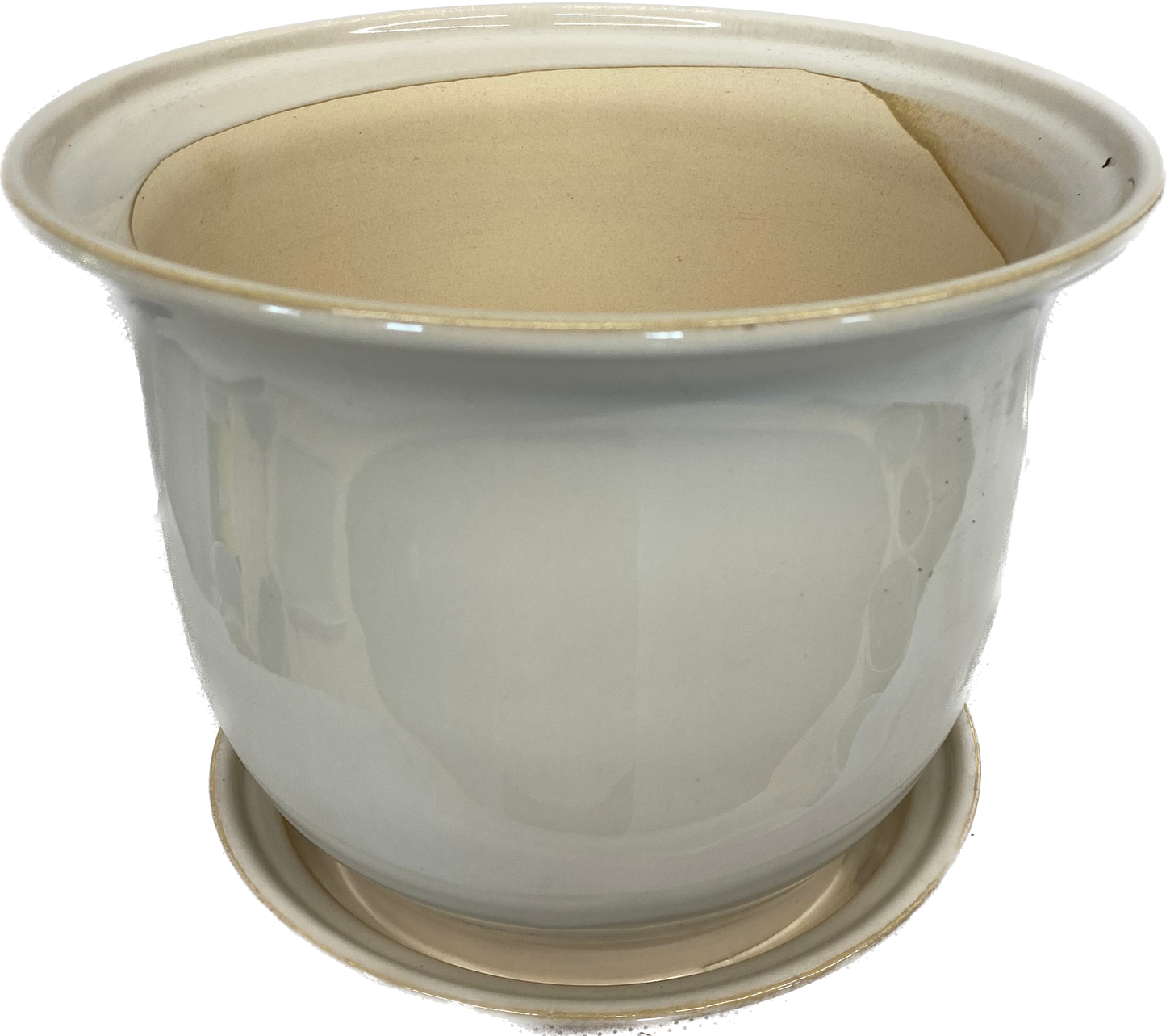 LIPPED FLORAL GLAZED POT WITH SAUCER - CREAM WHITE