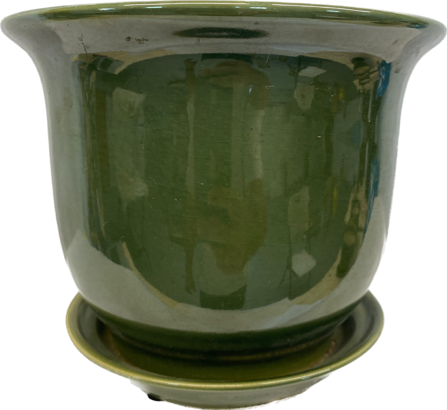 LIPPED FLORAL GLAZED POT W SAUCER - FIELD GREEN