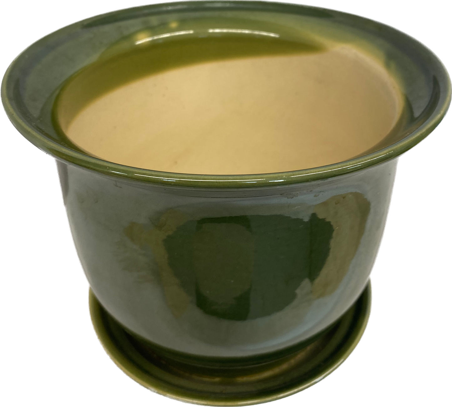 LIPPED FLORAL GLAZED POT W SAUCER - FIELD GREEN
