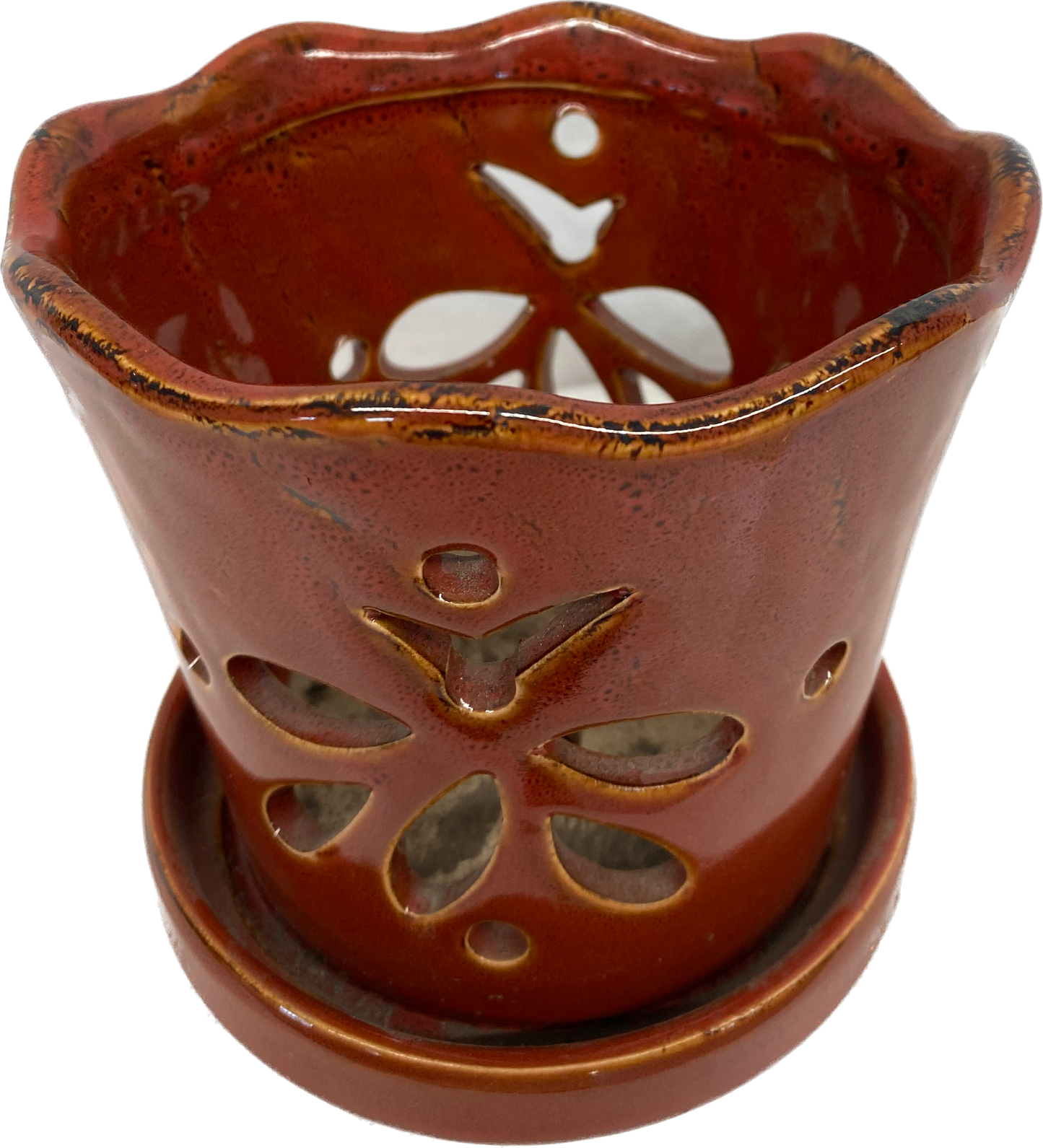 BUTTERFLY ORCHID FLORAL GLAZED POT - RED