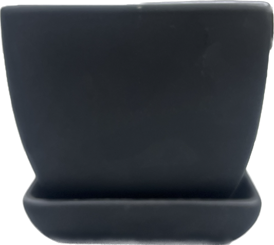 Tapered Floral Glazed Square Pot With Saucer - Charcoal Black