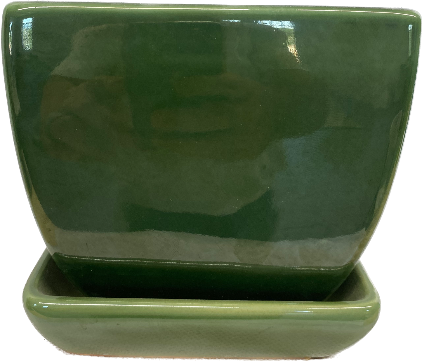 TAPERED FLORAL GLAZED SQUARE POT WITH SAUCER - FIELD GREEN