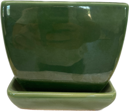 TAPERED FLORAL GLAZED SQUARE POT WITH SAUCER - FIELD GREEN