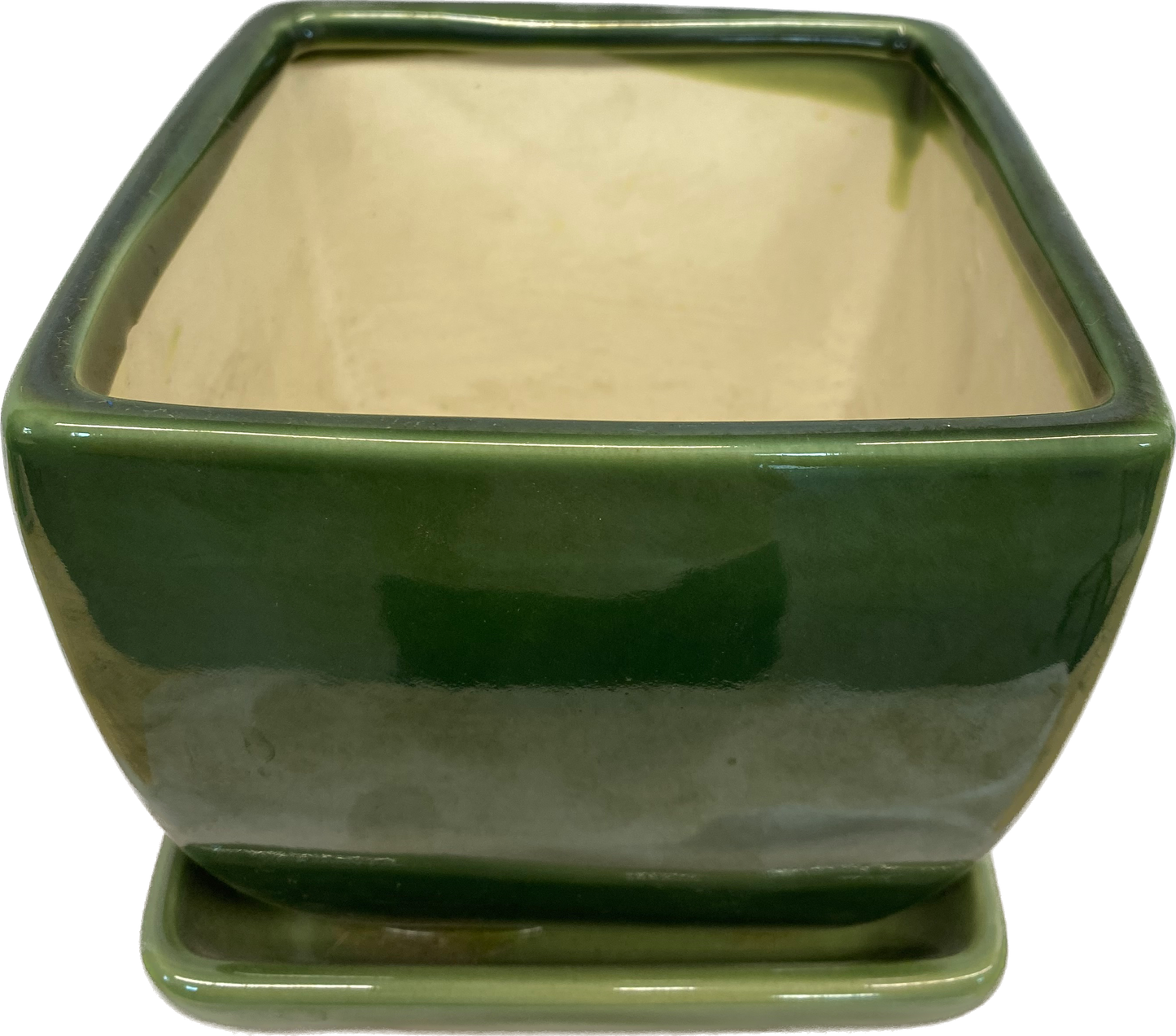 TAPERED FLORAL GLAZED SQUARE POT WITH SAUCER - FIELD GREEN