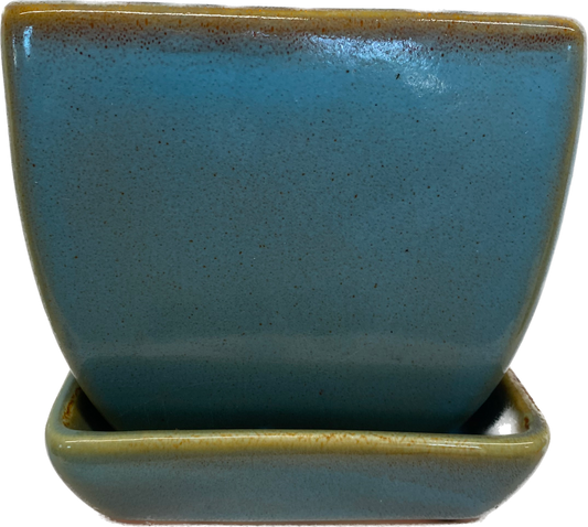 TAPERED FLORAL GLAZED SQUARE POT WITH SAUCER - BLUE