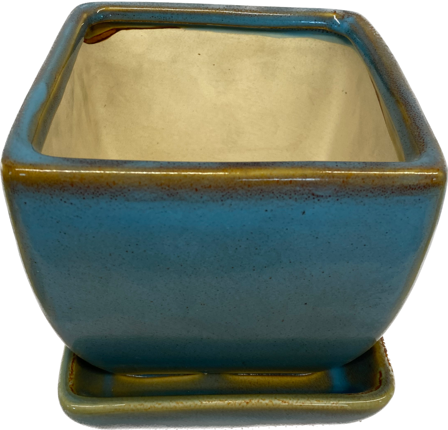 TAPERED FLORAL GLAZED SQUARE POT WITH SAUCER - BLUE