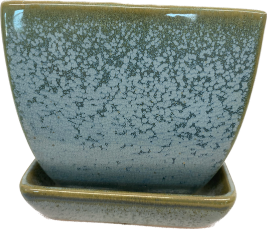 TAPERED FLORAL GLAZED SQUARE POT WITH SAUCER - MARINA BLUE