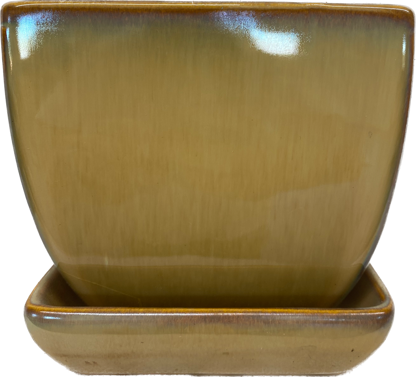 TAPERED FLORAL GLAZED SQUARE POT WITH SAUCER - MOCHA BEIGE