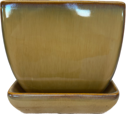 TAPERED FLORAL GLAZED SQUARE POT WITH SAUCER - MOCHA BEIGE