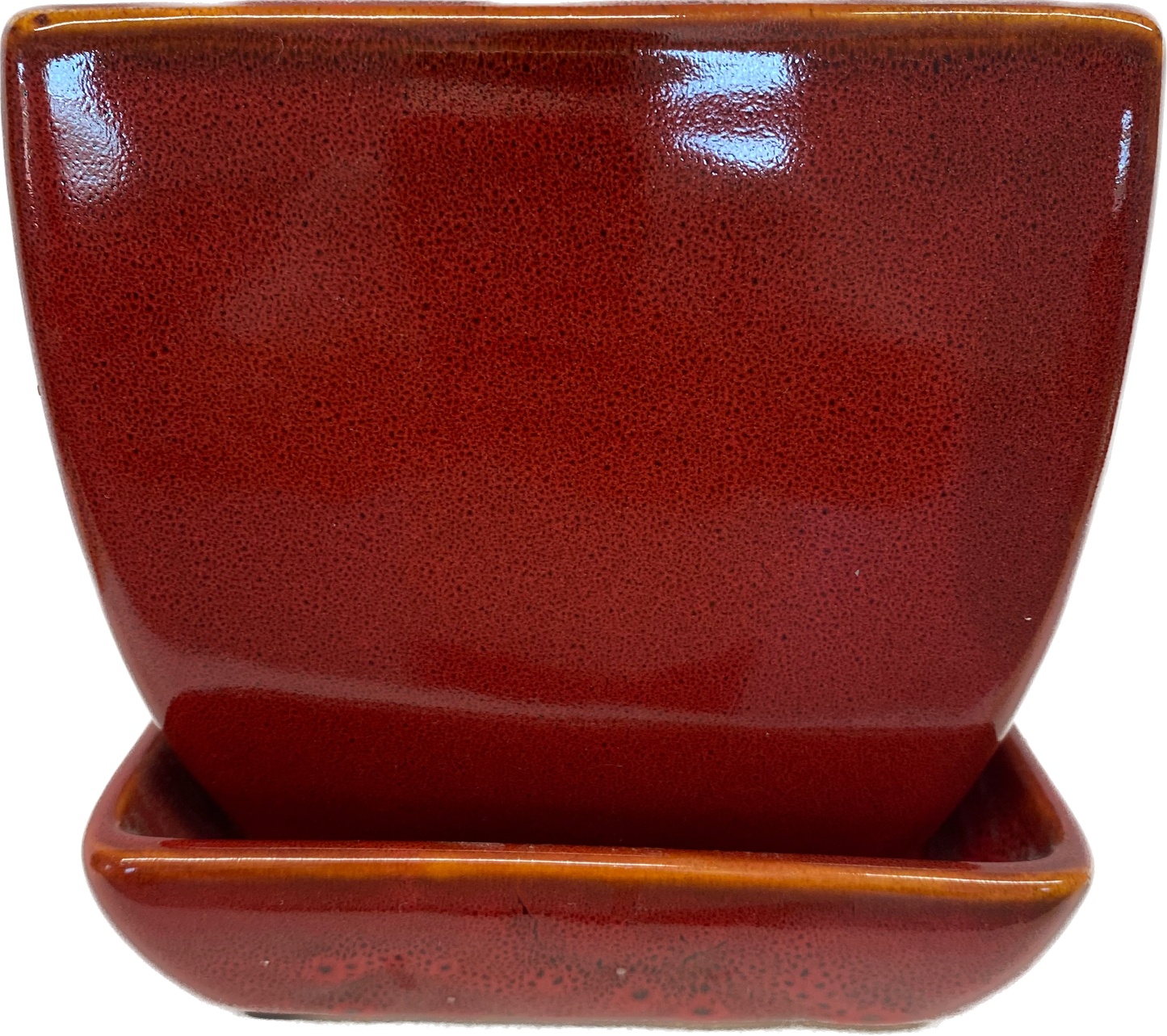 TAPERED FLORAL GLAZED SQUARE POT WITH SAUCER - RED