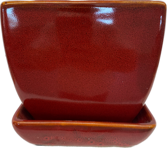 TAPERED FLORAL GLAZED SQUARE POT WITH SAUCER - RED