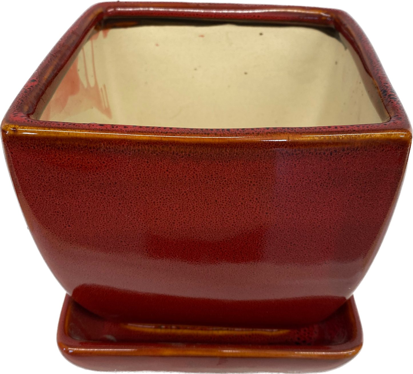 TAPERED FLORAL GLAZED SQUARE POT WITH SAUCER - RED