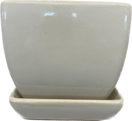 TAPERED FLORAL GLAZED SQUARE POT WITH SAUCER - WHITE