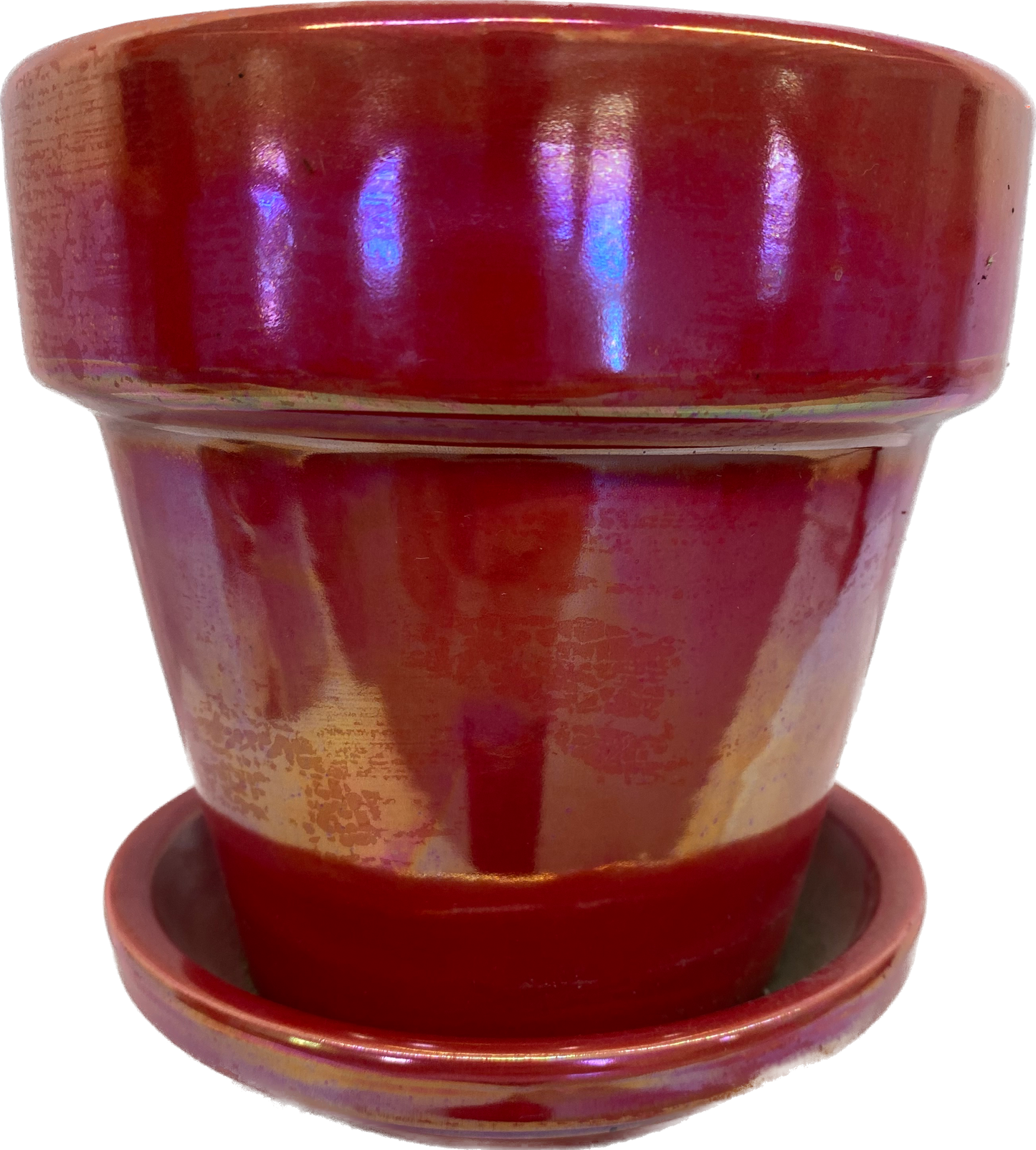 STANDARD FLORAL GLAZED POT WITH SAUCER, SMALL - RAINBOW RED