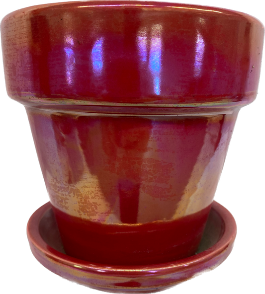 STANDARD FLORAL GLAZED POT WITH SAUCER, SMALL - RAINBOW RED