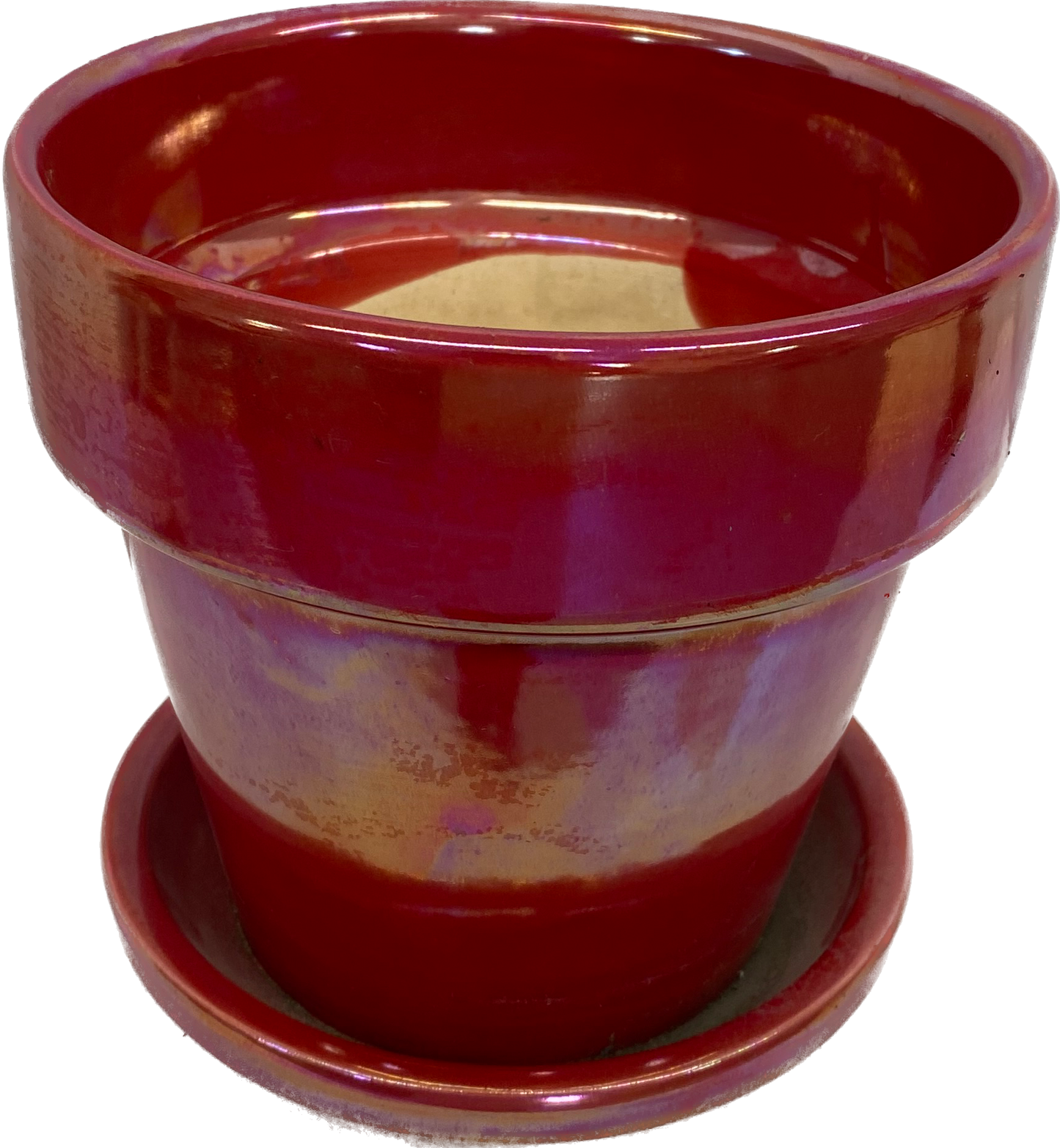 STANDARD FLORAL GLAZED POT WITH SAUCER, SMALL - RAINBOW RED