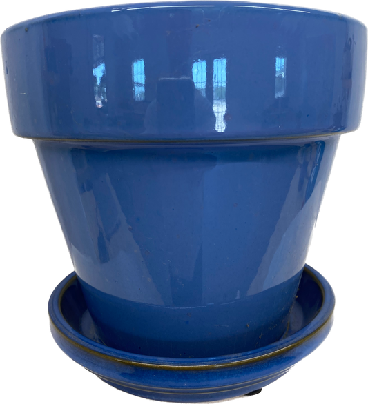 STANDARD FLORAL GLAZED POT WITH SAUCER - BLUE