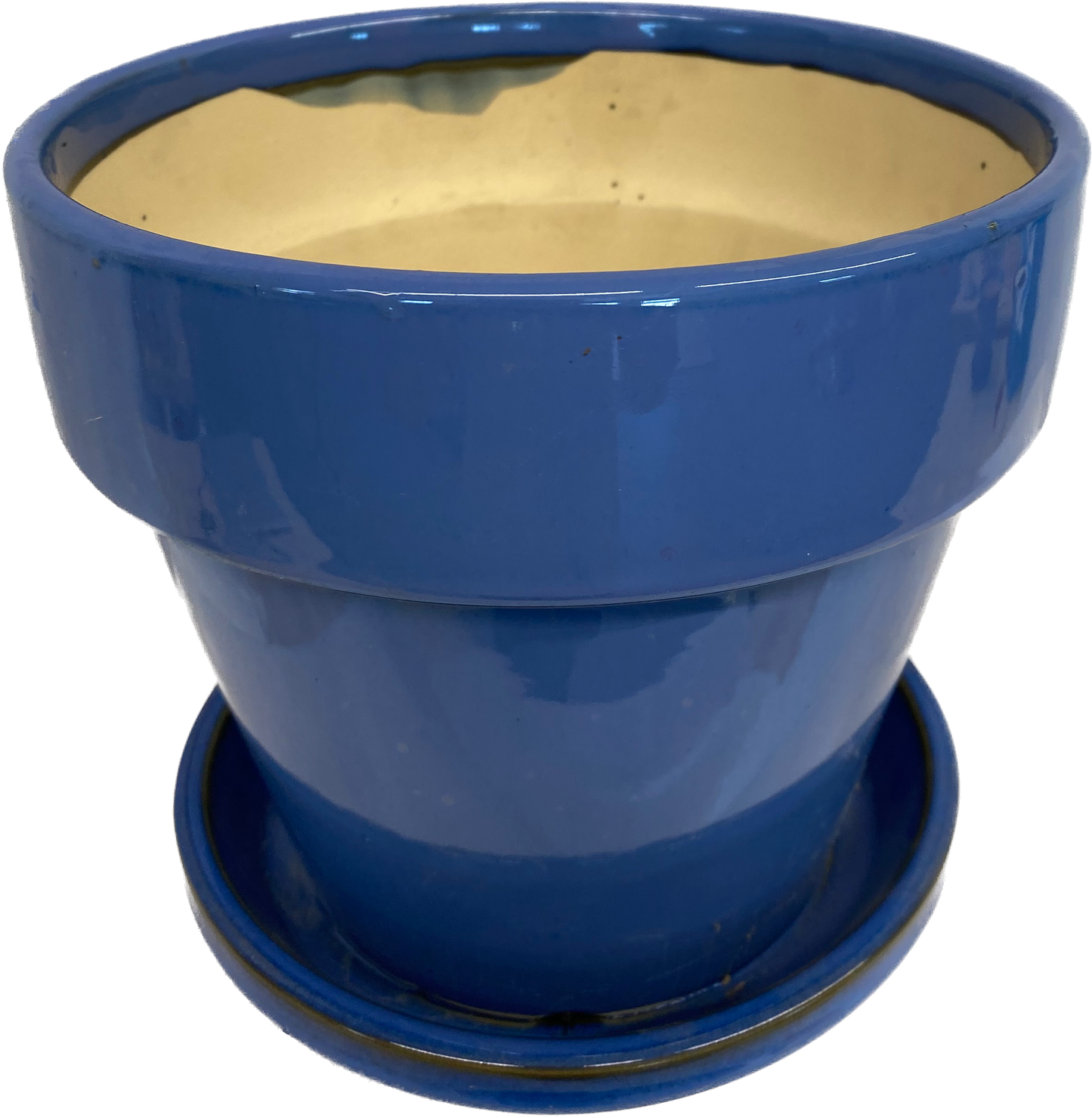 STANDARD FLORAL GLAZED POT WITH SAUCER - BLUE