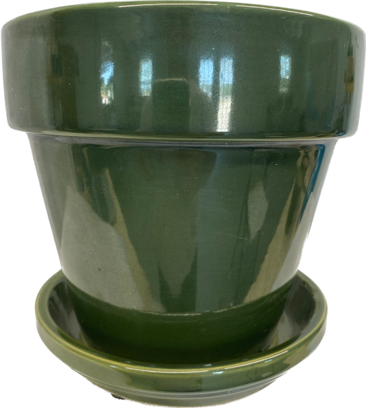 STANDARD FLORAL GLAZED POT WITH SAUCER - FIELD GREEN