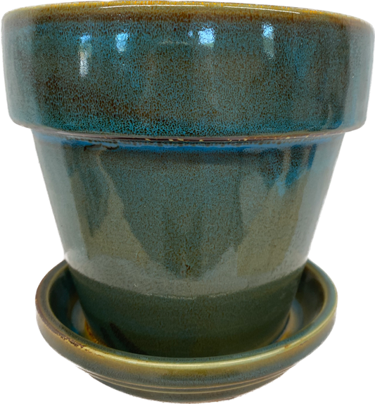 STANDARD FLORAL GLAZED POT WITH SAUCER - KALEIDESCOPE BLUE