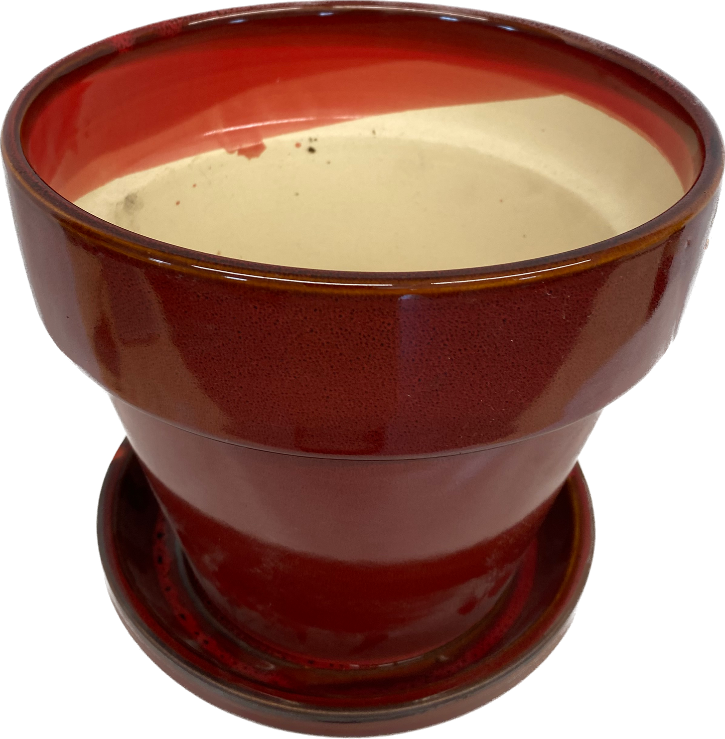 STANDARD FLORAL GLAZED POT WITH SAUCER - RED