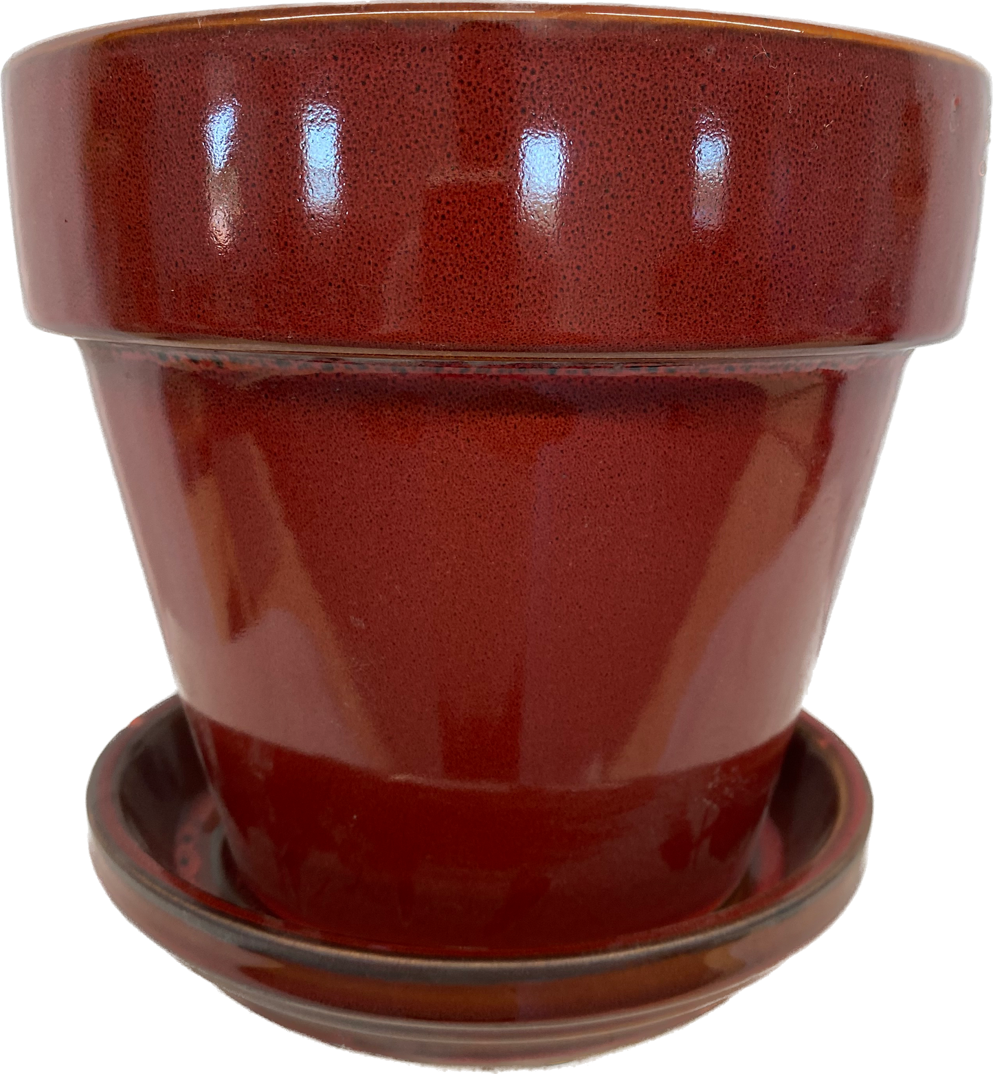 STANDARD FLORAL GLAZED POT WITH SAUCER - RED