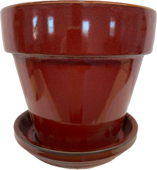 STANDARD FLORAL GLAZED POT WITH SAUCER - RED