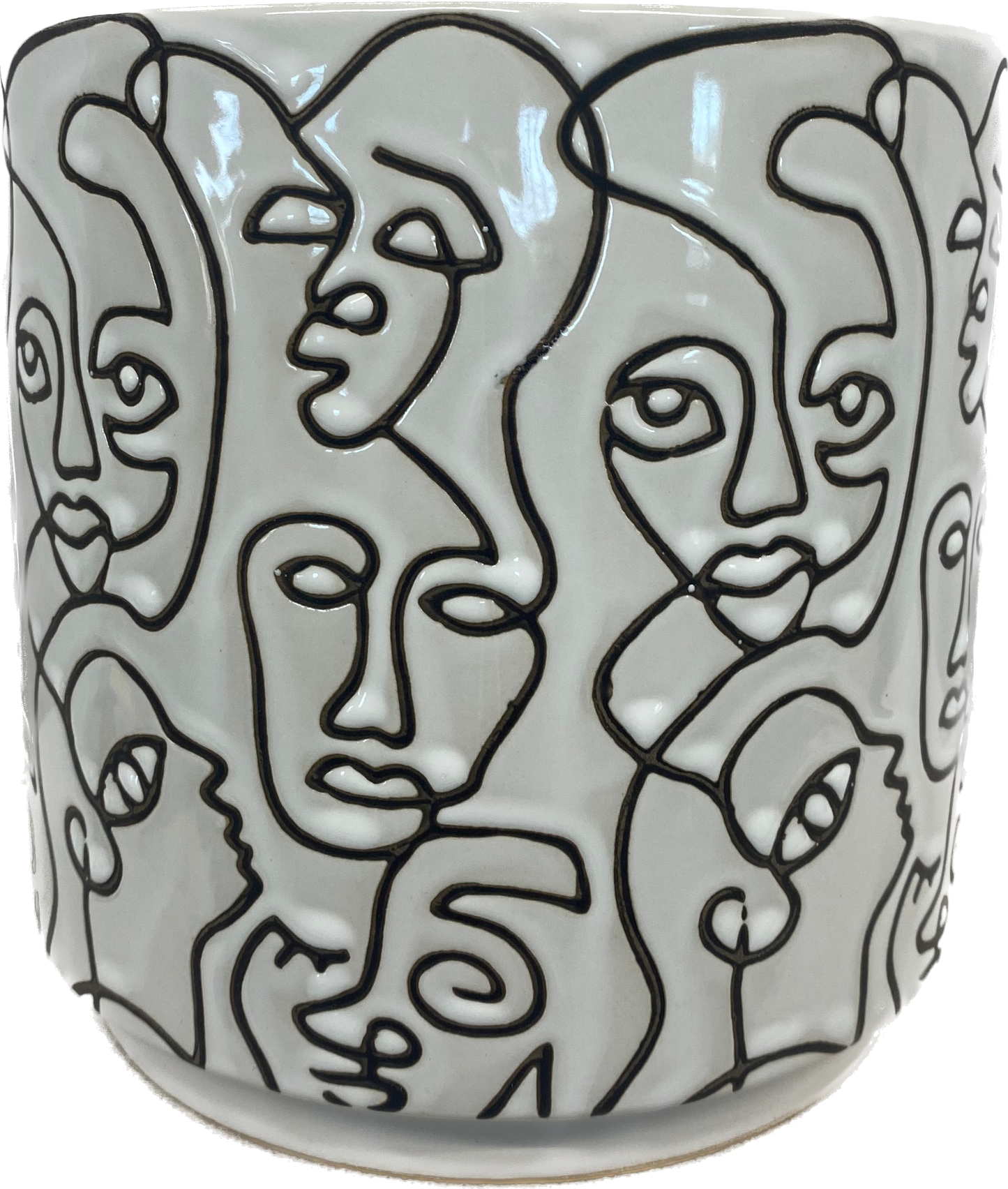 7IN FACES IN THE CROWD CYLINDER FLORAL GLAZED PLANTER - BLACK & WHITE