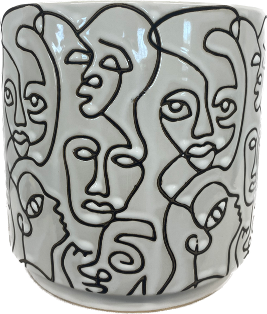 7IN FACES IN THE CROWD CYLINDER FLORAL GLAZED PLANTER - BLACK & WHITE