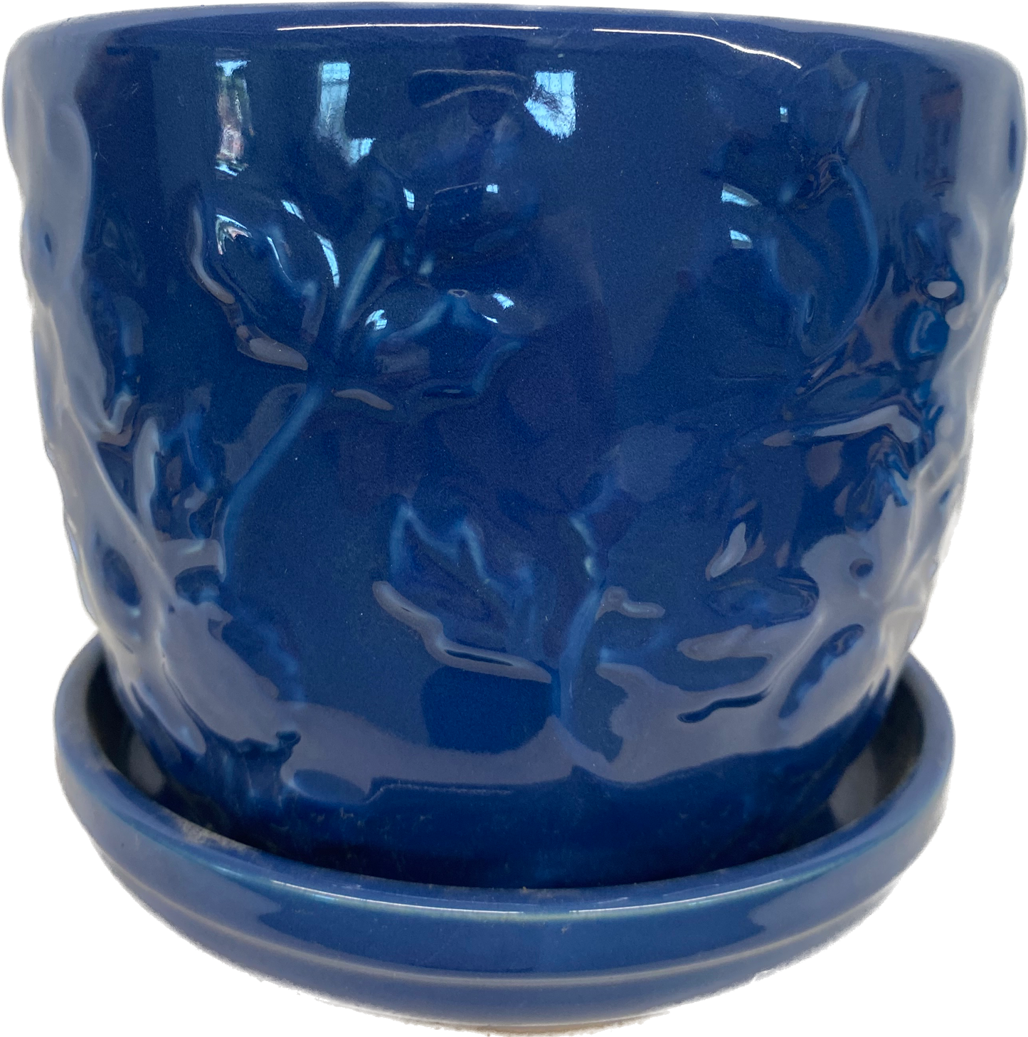 6IN EMBOSSED ROSE FLORAL GLAZED POT - BLUE