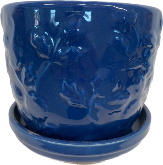 6IN EMBOSSED ROSE FLORAL GLAZED POT - BLUE