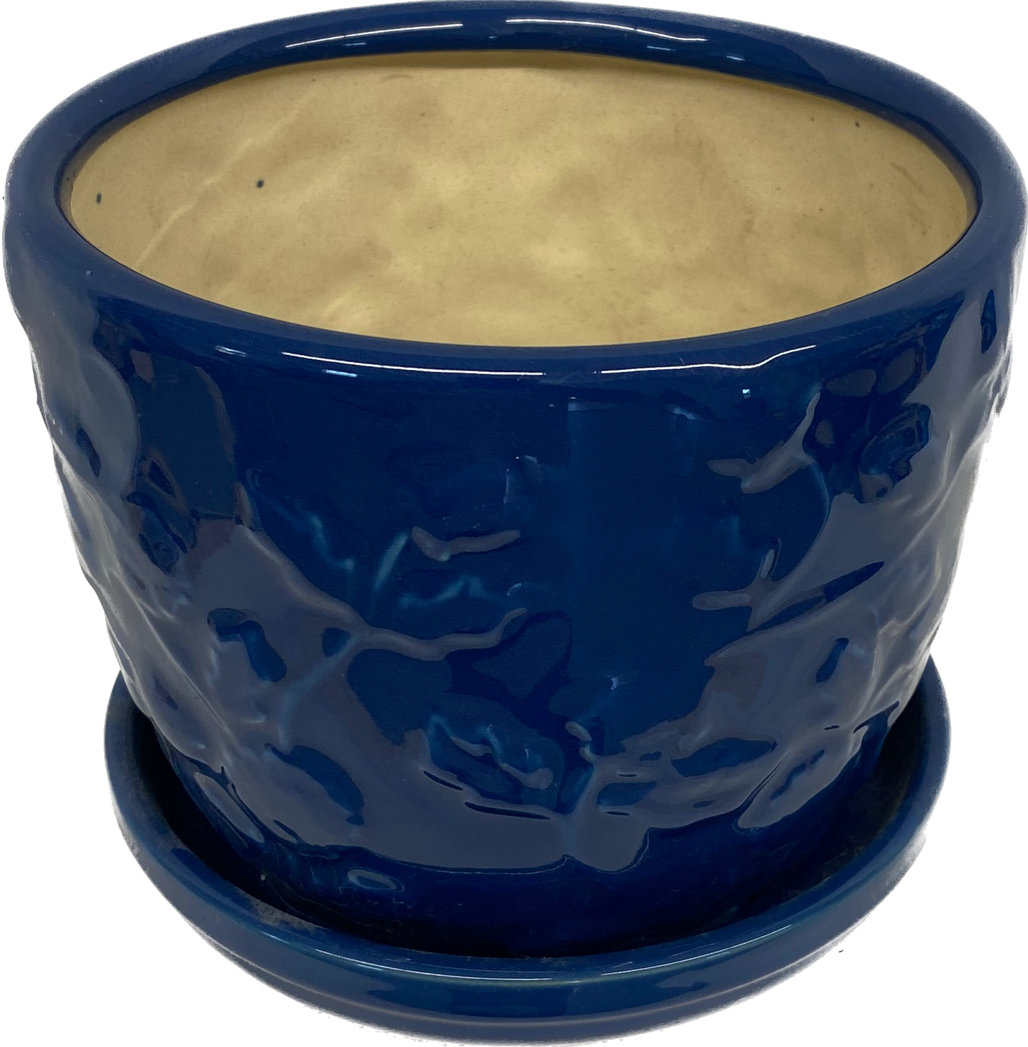 6IN EMBOSSED ROSE FLORAL GLAZED POT - BLUE