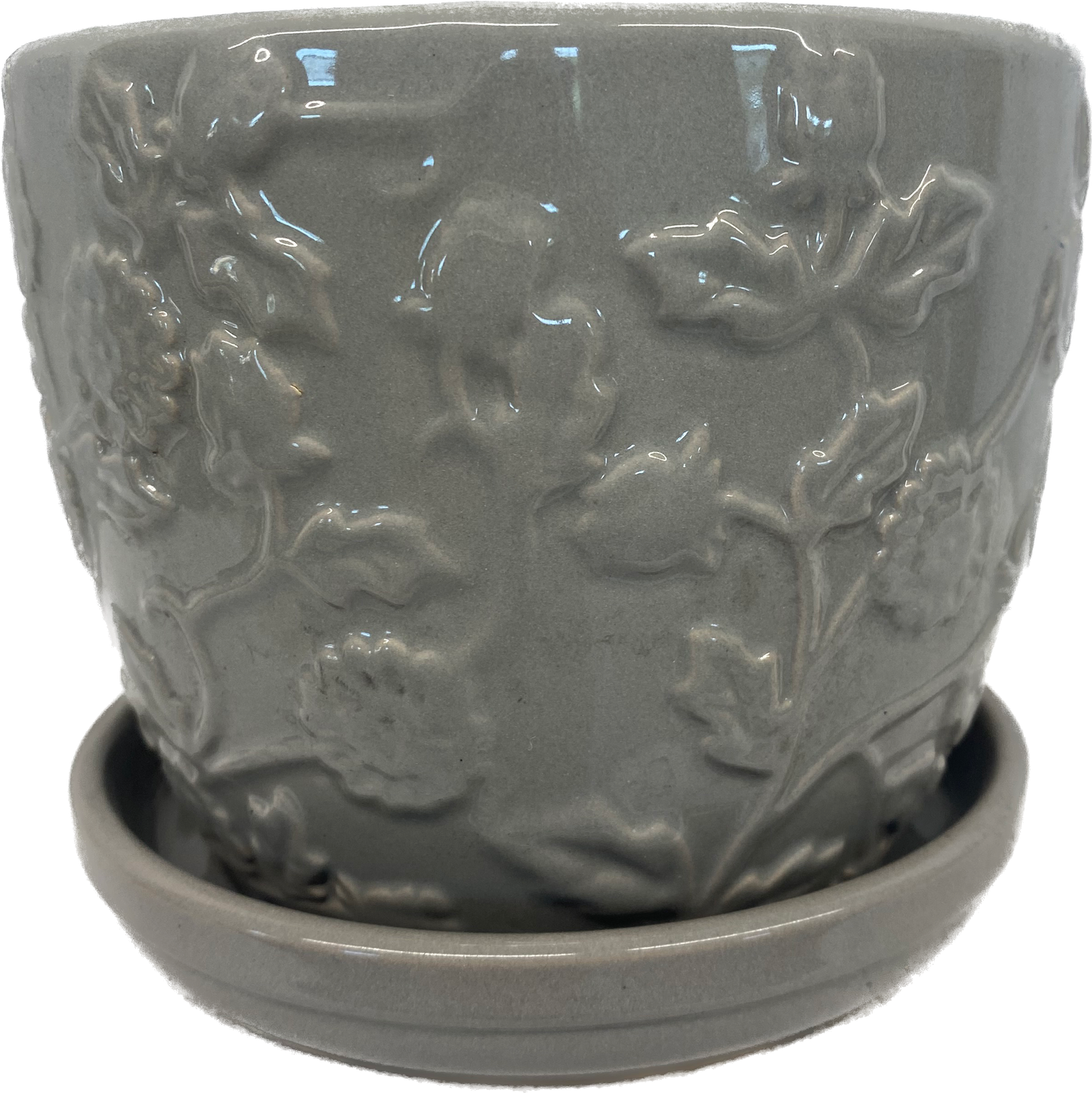 6IN EMBOSSED ROSE FLORAL GLAZED POT - GREY