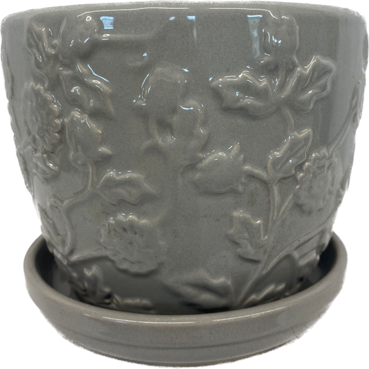 6IN EMBOSSED ROSE FLORAL GLAZED POT - GREY