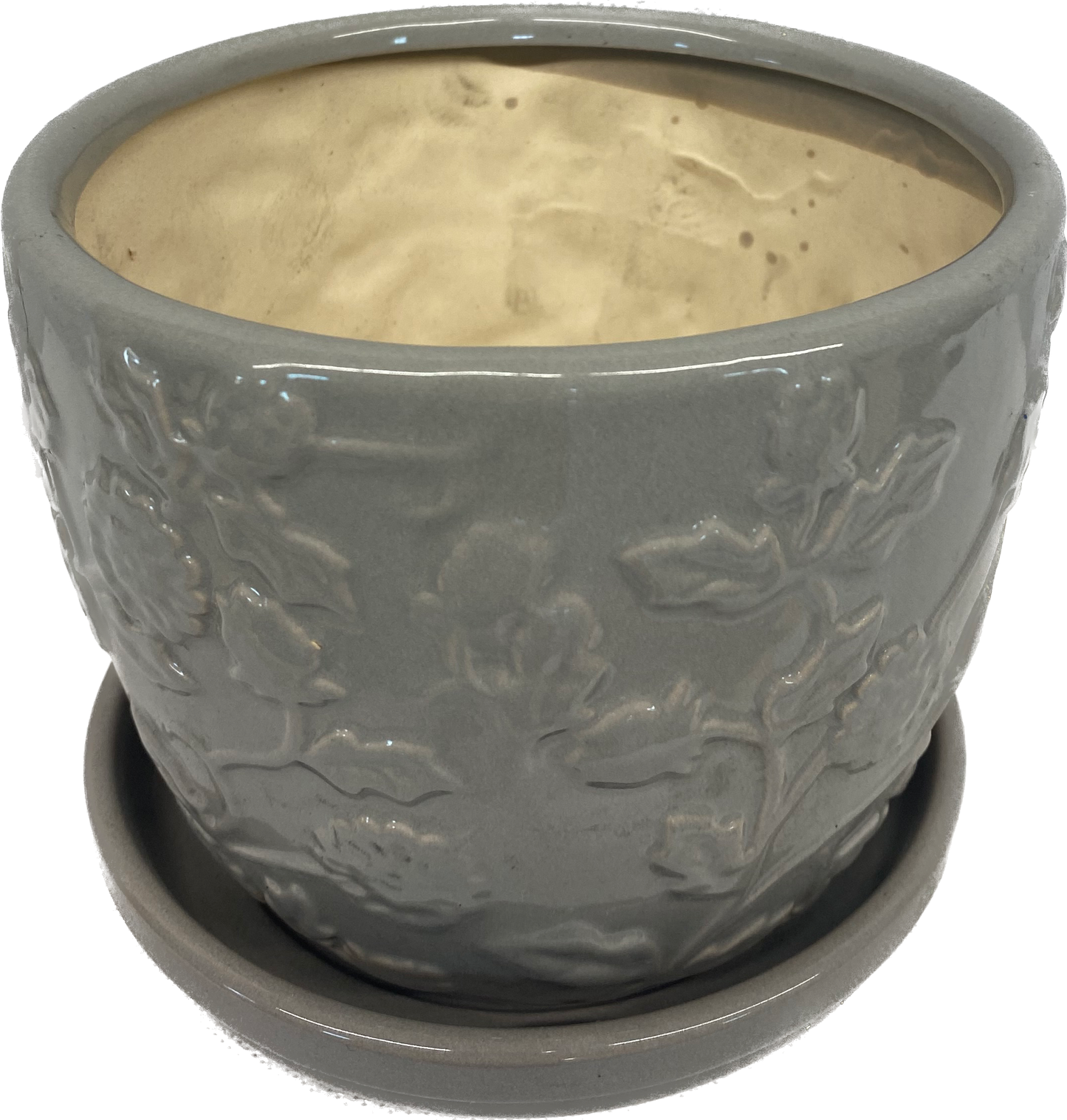 6IN EMBOSSED ROSE FLORAL GLAZED POT - GREY