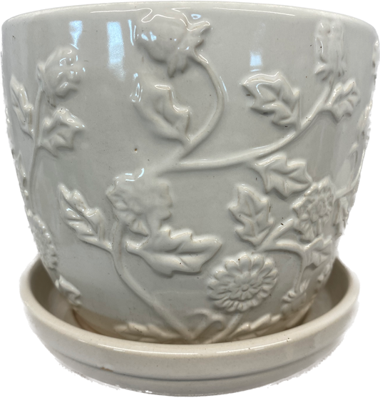 6IN EMBOSSED ROSE FLORAL GLAZED POT WITH SAUCER - WHITE