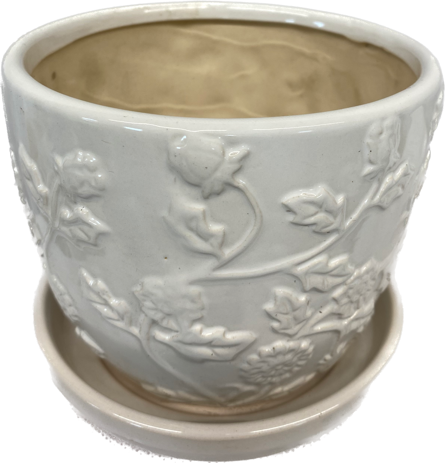 6IN EMBOSSED ROSE FLORAL GLAZED POT WITH SAUCER - WHITE