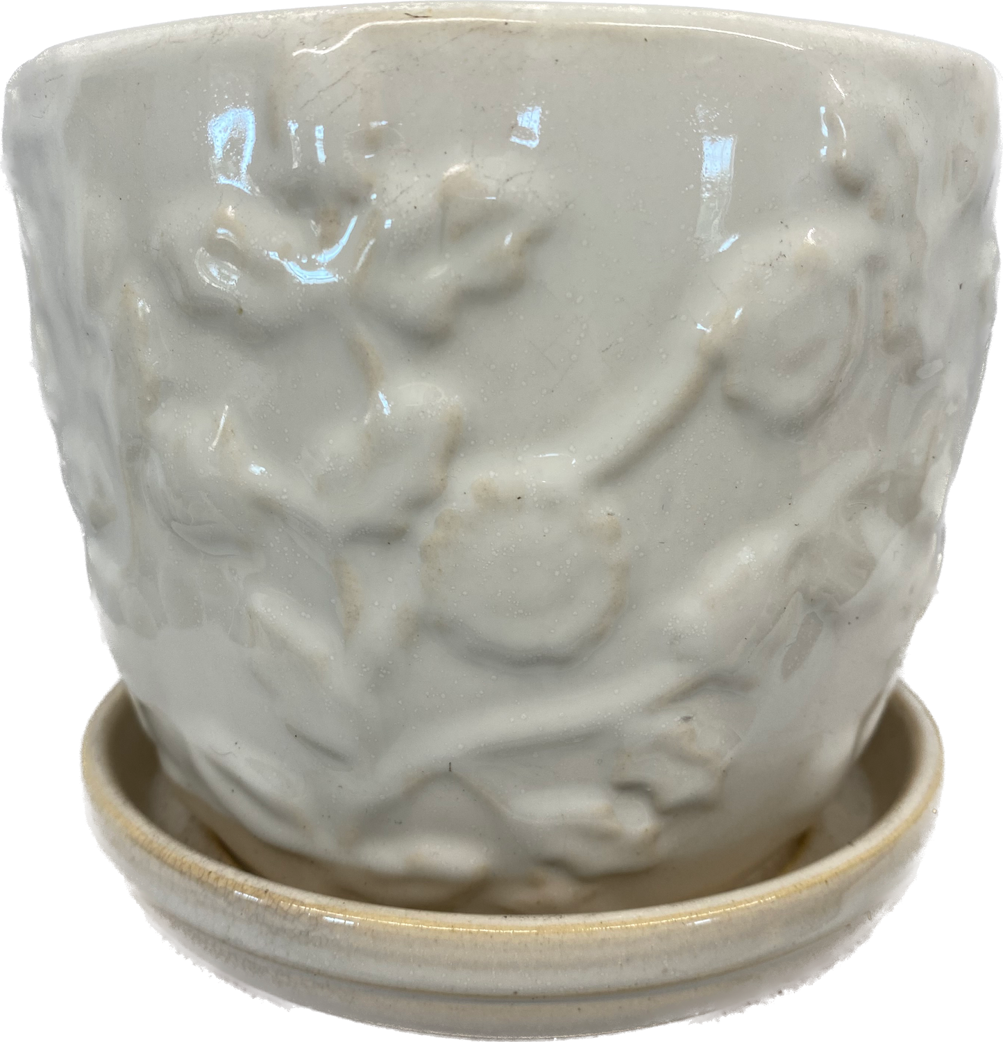 6IN EMBOSSED ROSE FLORAL GLAZED POT WITH SAUCER - WHITE