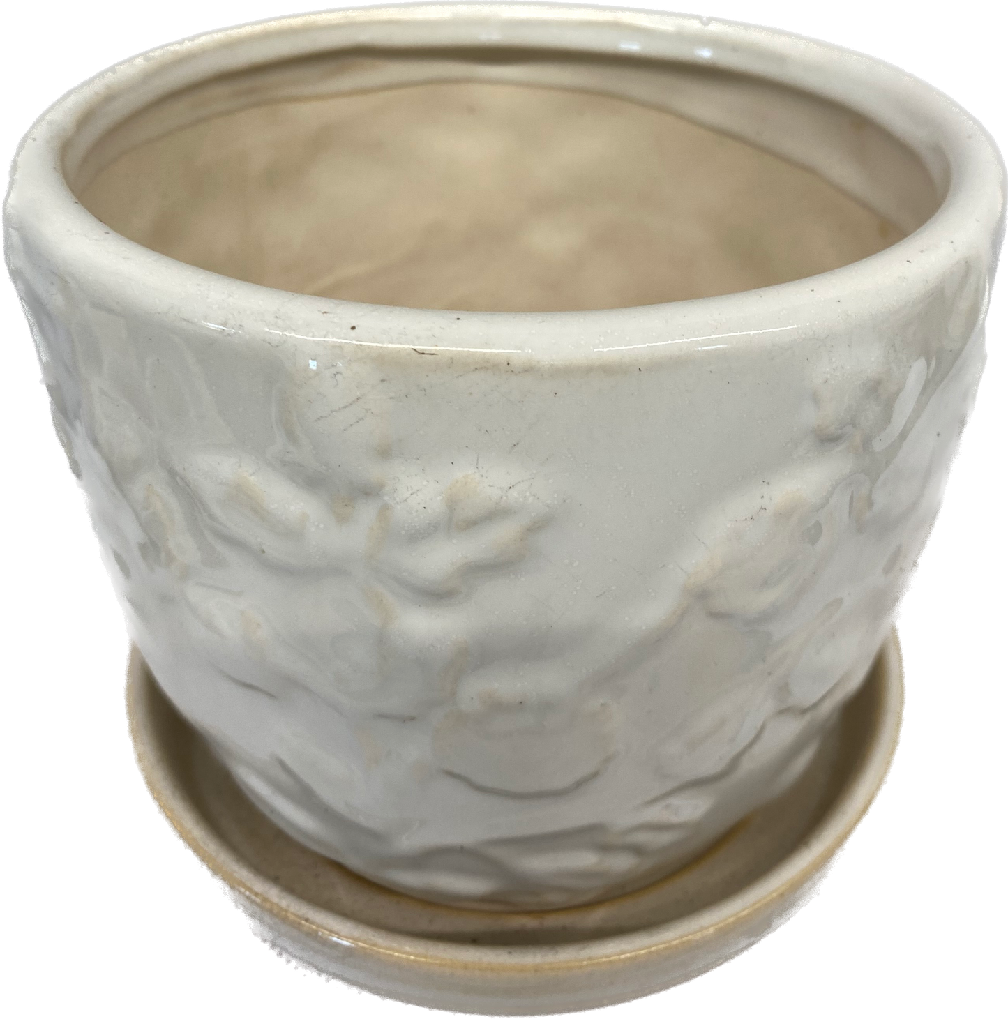 6IN EMBOSSED ROSE FLORAL GLAZED POT WITH SAUCER - WHITE