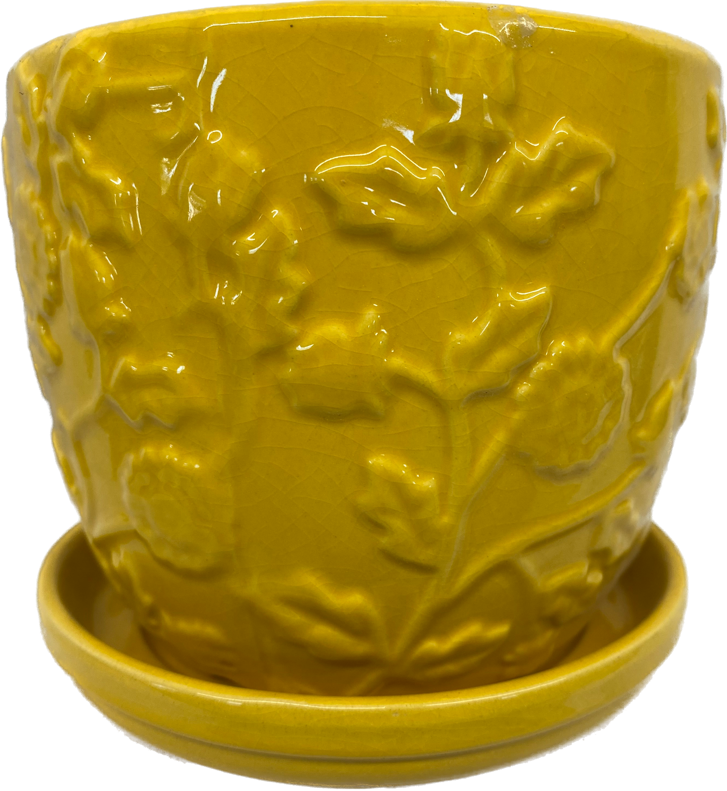 6IN EMBOSSED ROSE FLORAL GLAZED POT WITH SAUCER - YELLOW