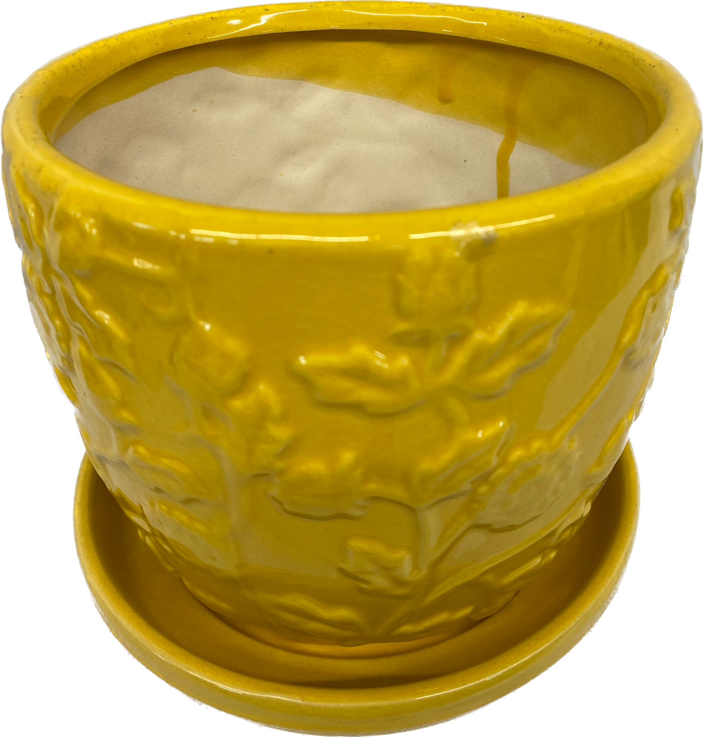 6IN EMBOSSED ROSE FLORAL GLAZED POT WITH SAUCER - YELLOW