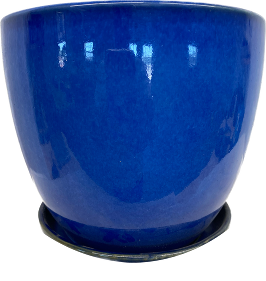 BELL FLORAL GLAZED POT WITH SAUCER - BLUE