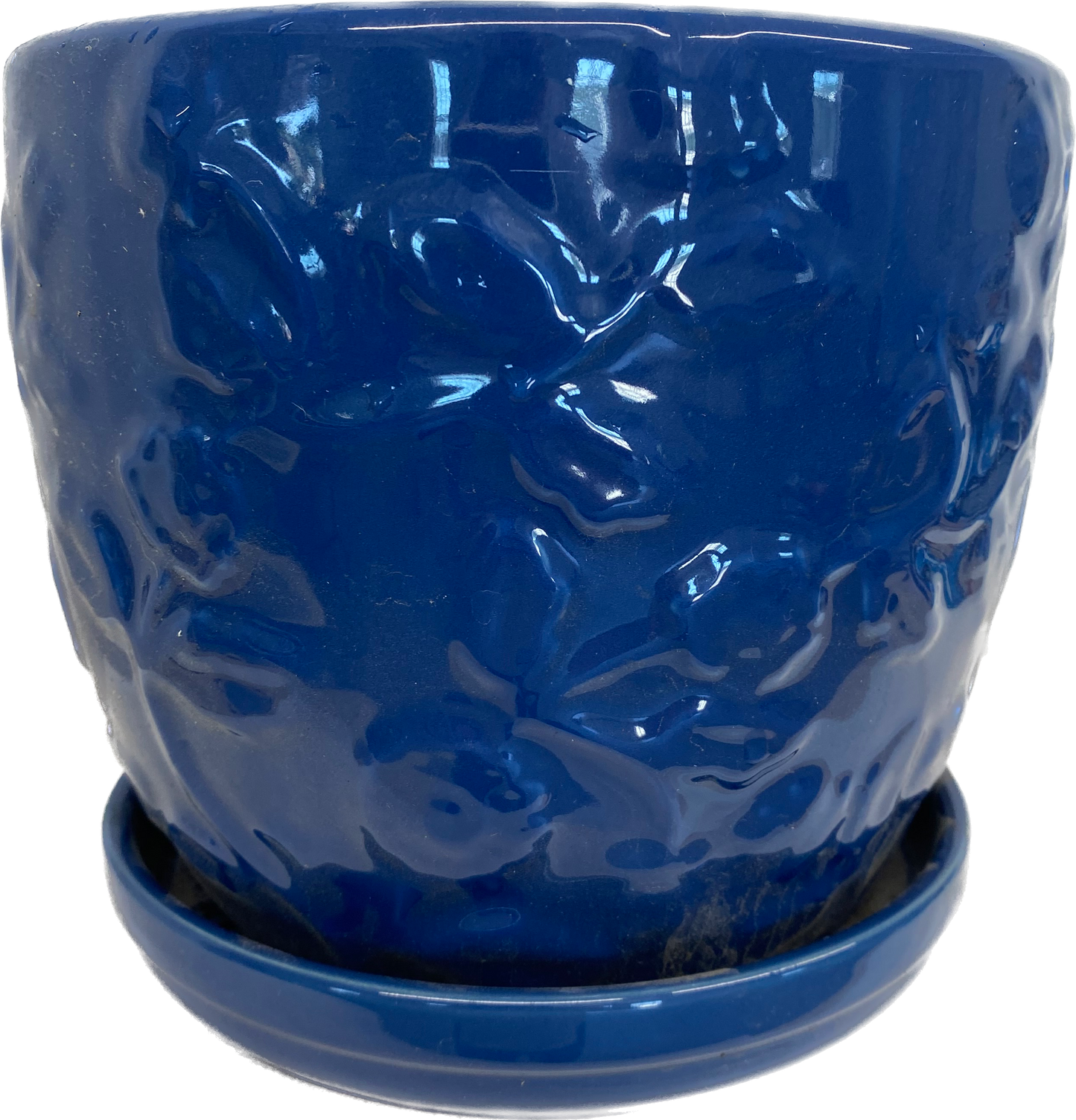 8IN EMBOSSED ROSE FLORAL GLAZED POT - BLUE