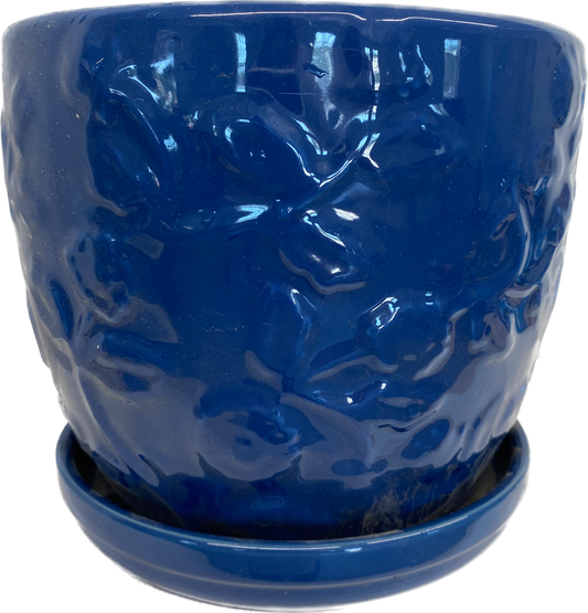 8IN EMBOSSED ROSE FLORAL GLAZED POT - BLUE