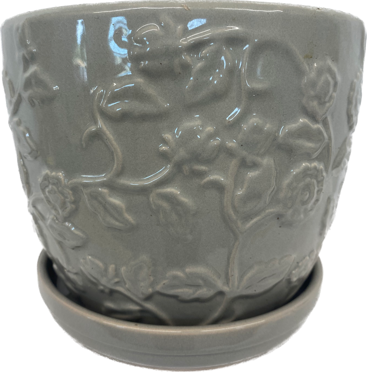 8IN EMBOSSED ROSE FLORAL GLAZED POT - GREY